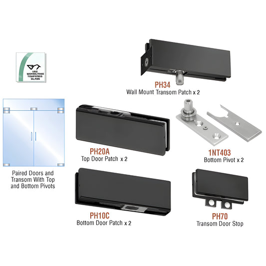PHA6MBL matte black pivot patch kit for paired glass doors with transom - top/bottom patches, pivots, gaskets for 3/8-1/2" gl