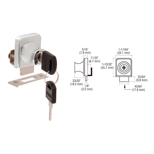 Brushed nickel cabinet glass door lock LK43KA for 1/4" (6mm) glass, no drill install; includes two keys and strike plate.