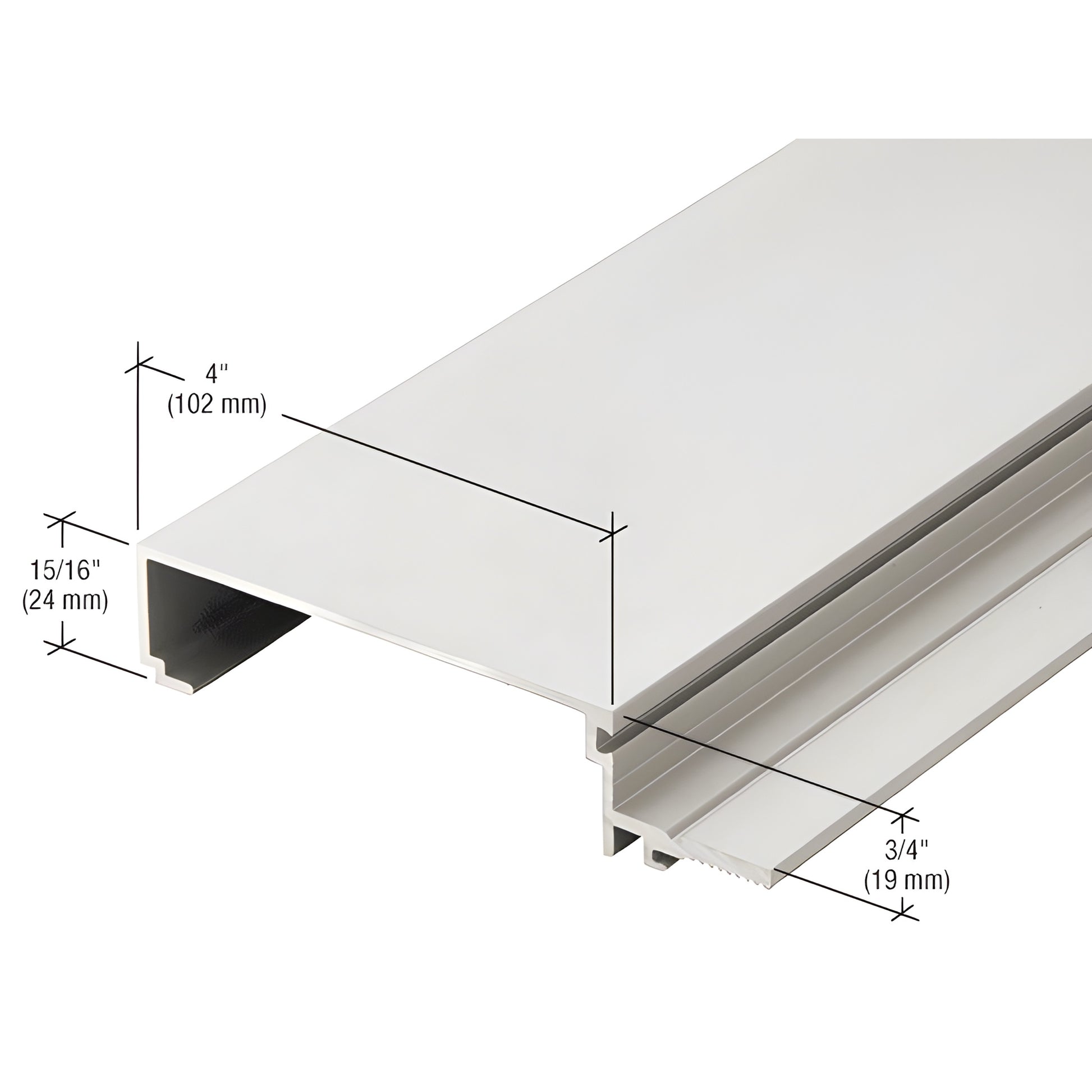 Clear anodized aluminum curtain wall mullion extrusion, 4" wide; 15/16" (24mm) and 3/4" (19mm).