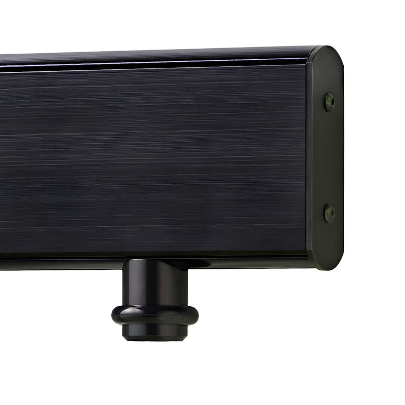 Latitude 34 black stainless replacement sliding door stop (LAT34DSBLS) close-up on track, round bumper and end cap.