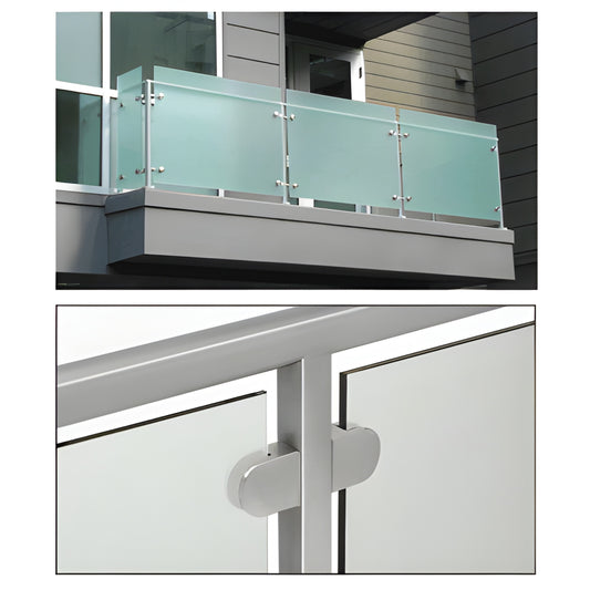 Brushed stainless steel welded post railing (PRS1540BS) with frosted glass panels, surface-mounted balcony system.