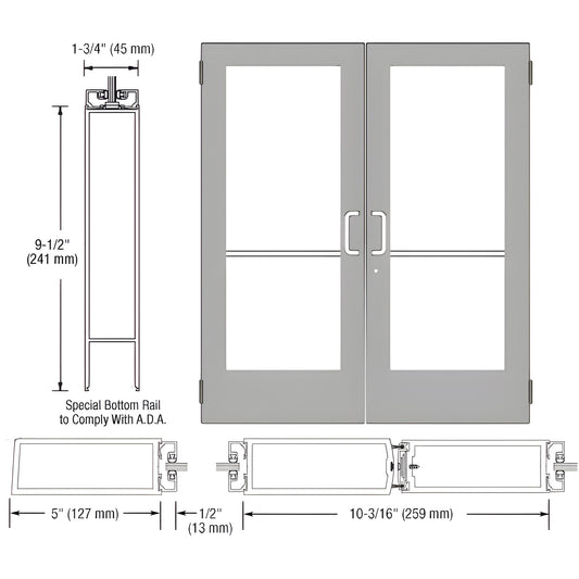 Double commercial aluminum entrance doors (SKU DE52511), clear anodized, wide stiles, 9-1/2" ADA bottom rail, glass panels