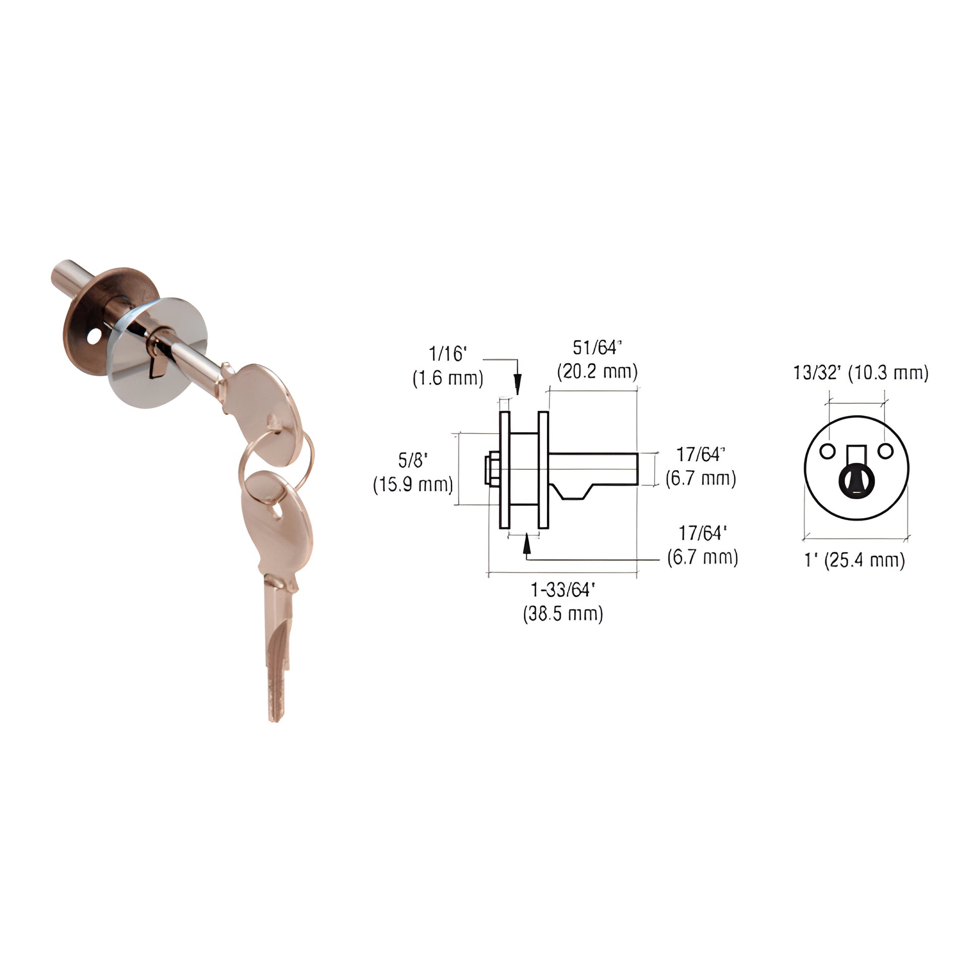 Polished chrome cabinet sliding glass door lock (SKU LK16) with two keys and installation diagram.