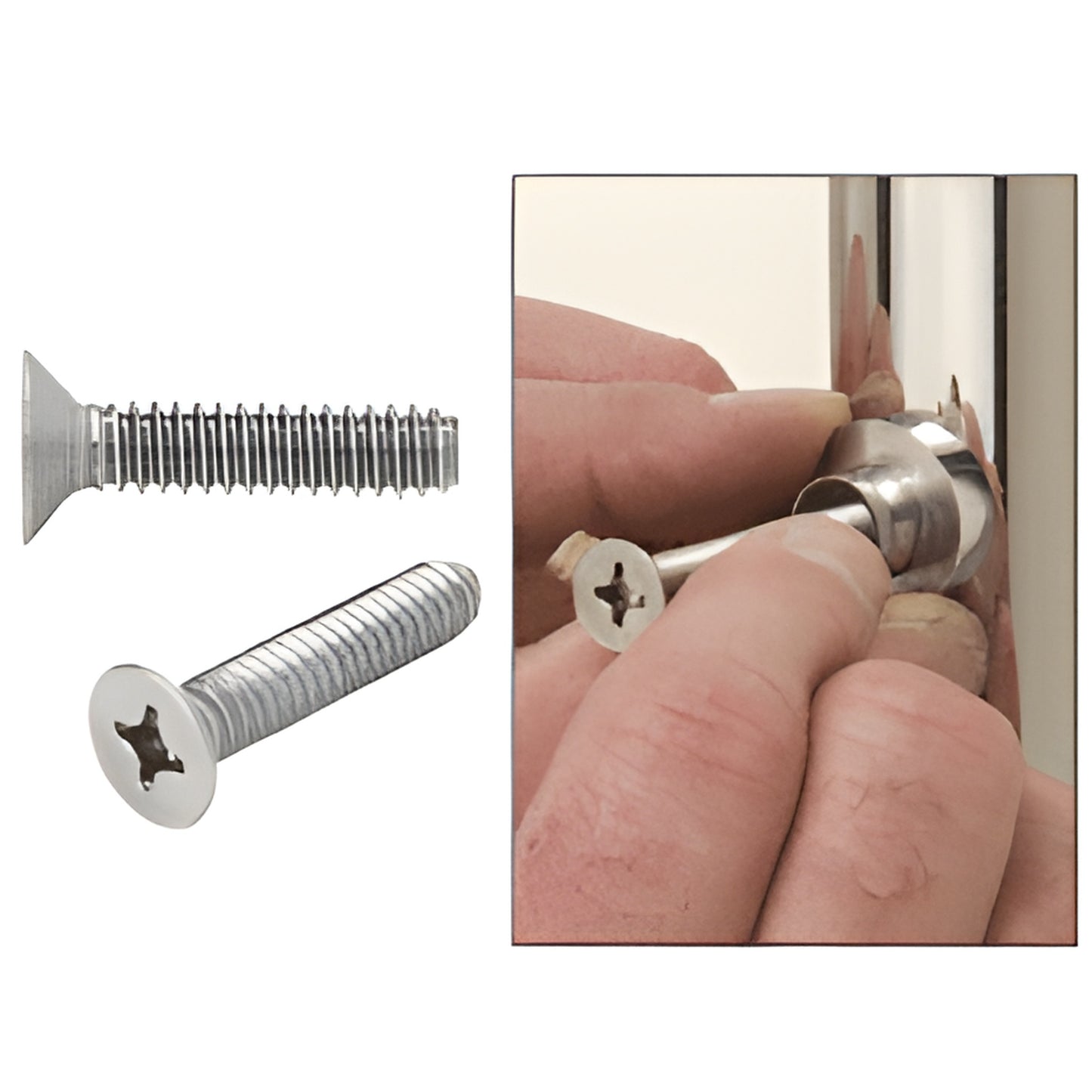 Stainless steel 1/4"-20 x 1" flat head Phillips bolts (SRB0LT), shown loose and being installed into a standoff