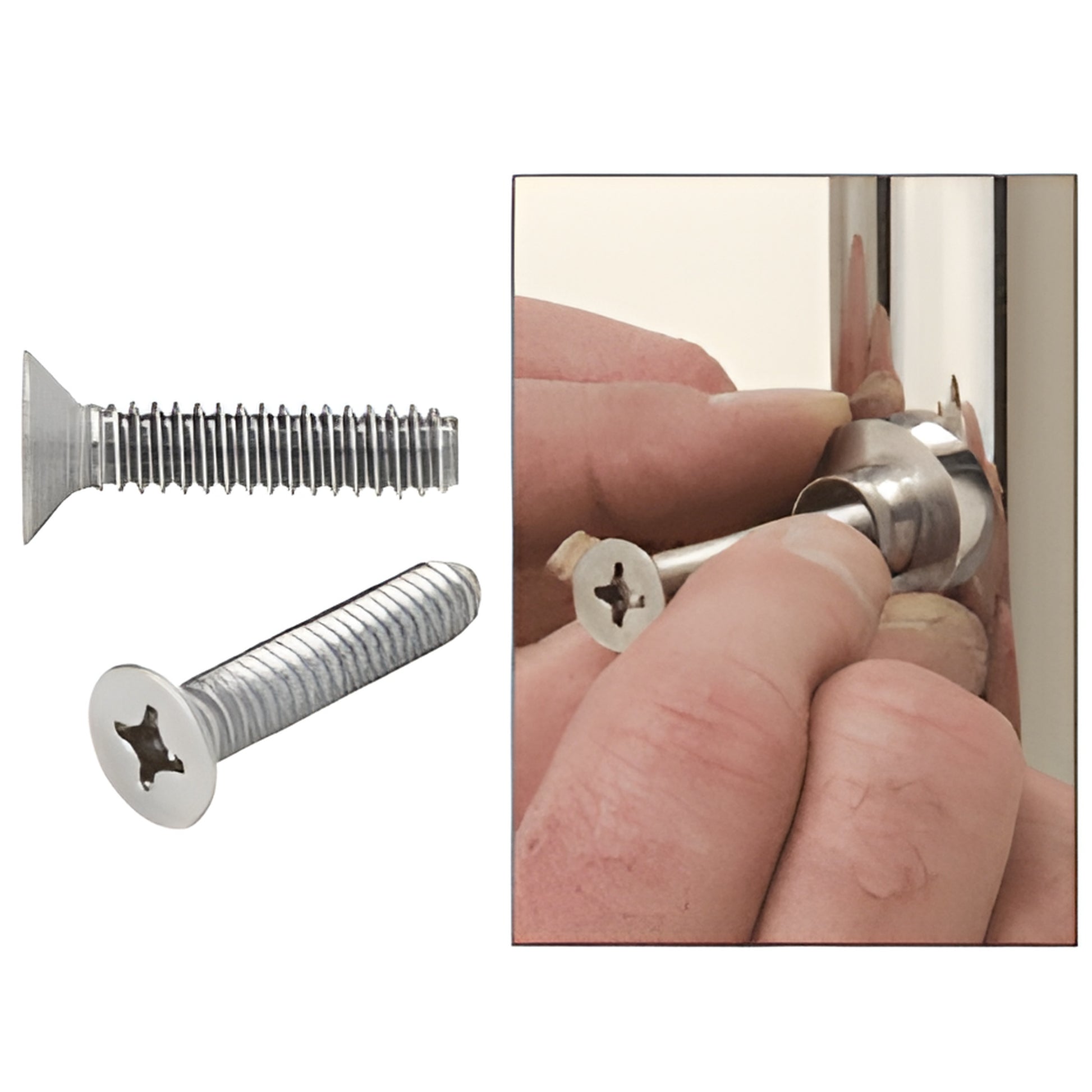 Stainless steel 1/4"-20 x 1" flat head Phillips bolts (SRB0LT), shown loose and being installed into a standoff