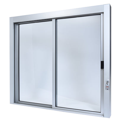 Satin anodized aluminum self-closing sliding service window with three glazed panels, thumbturn lock and full bottom track