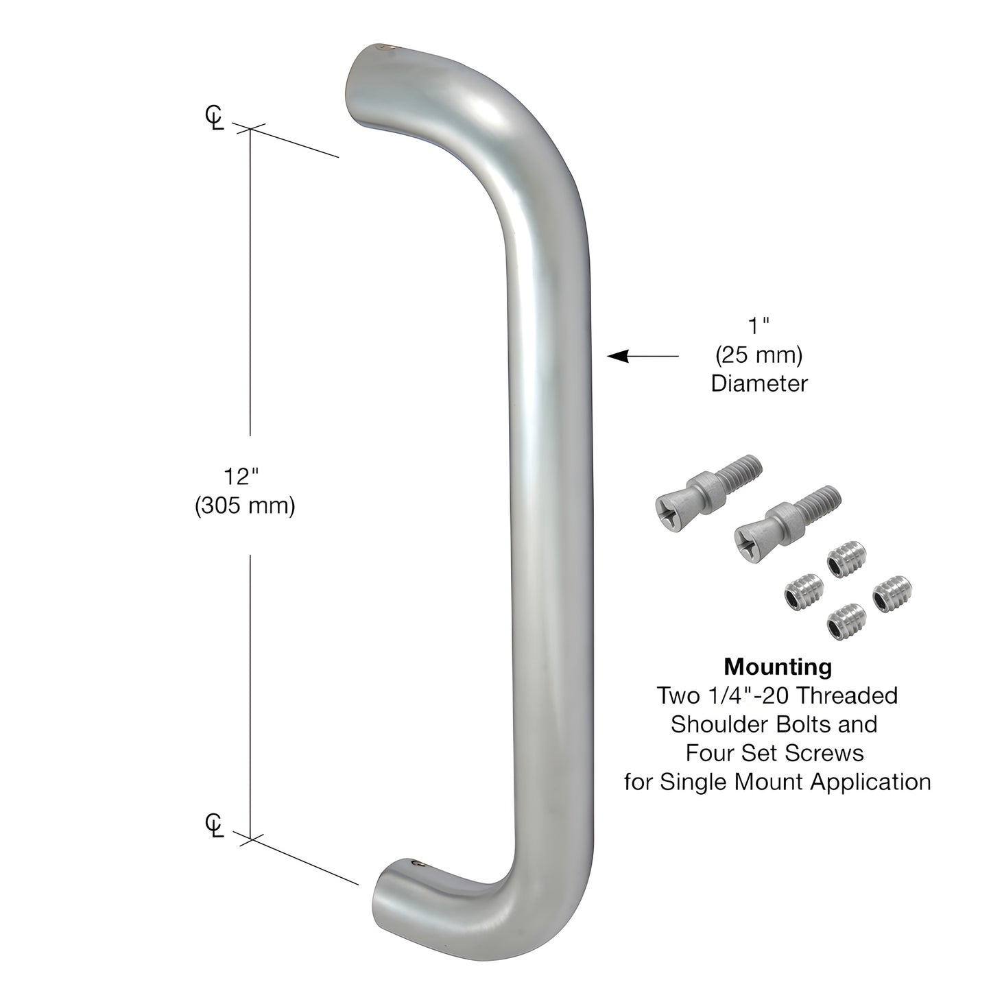 Clear anodized 1 in aluminum Astral II straight pull handle, 12 in long, 25 mm diameter. SKU PR0221112