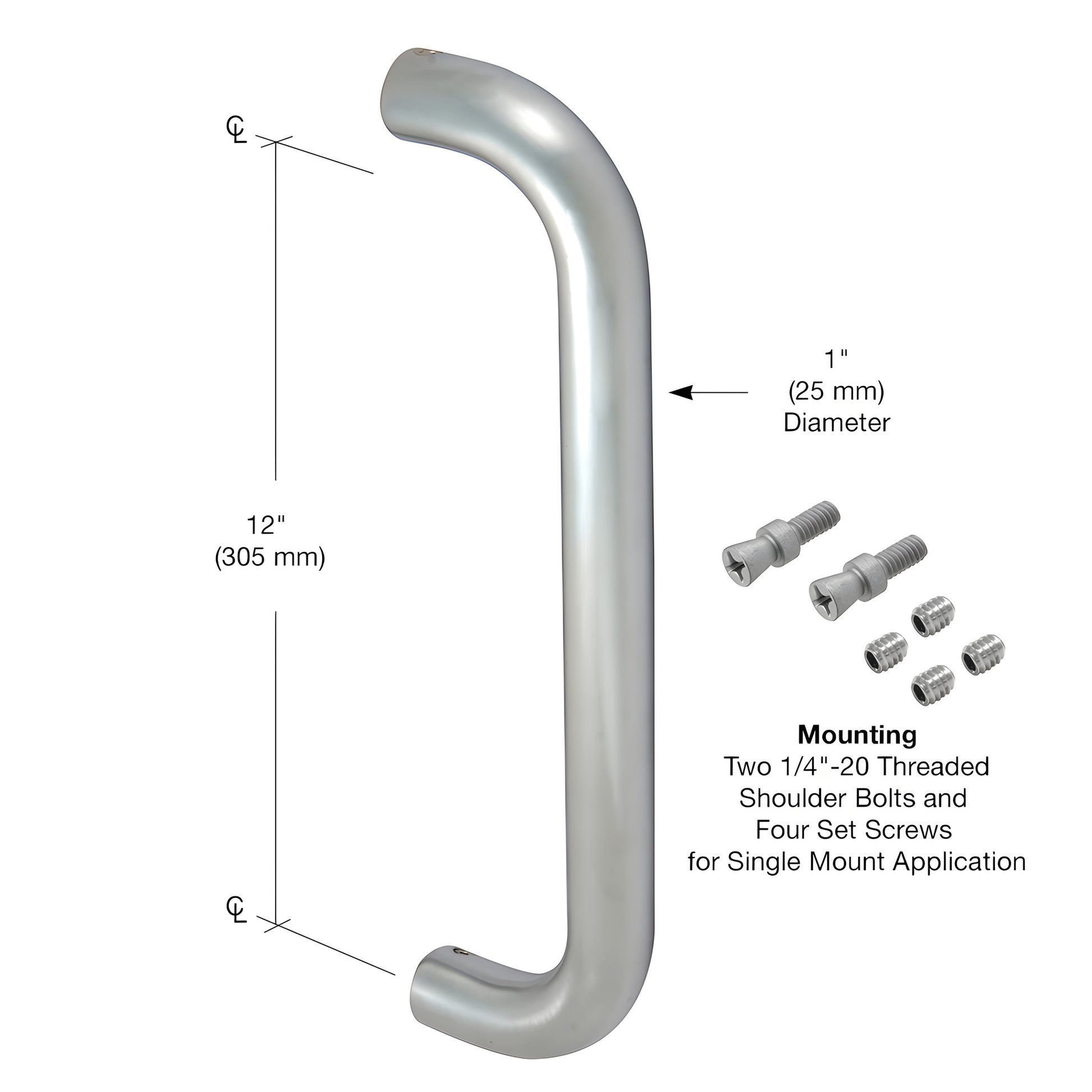 Clear anodized 1 in aluminum Astral II straight pull handle, 12 in long, 25 mm diameter. SKU PR0221112