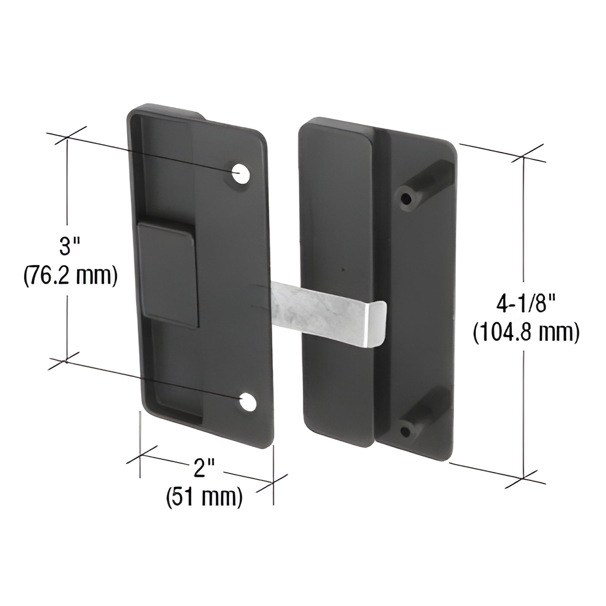 Black CRL mortise steel latch with plastic pull for Columbia Matic doors, non handed, 4 1/8" height (SKU A177)