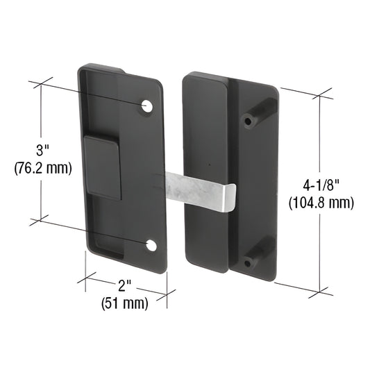 Black CRL mortise steel latch with plastic pull for Columbia Matic doors, non handed, 4 1/8" height (SKU A177)