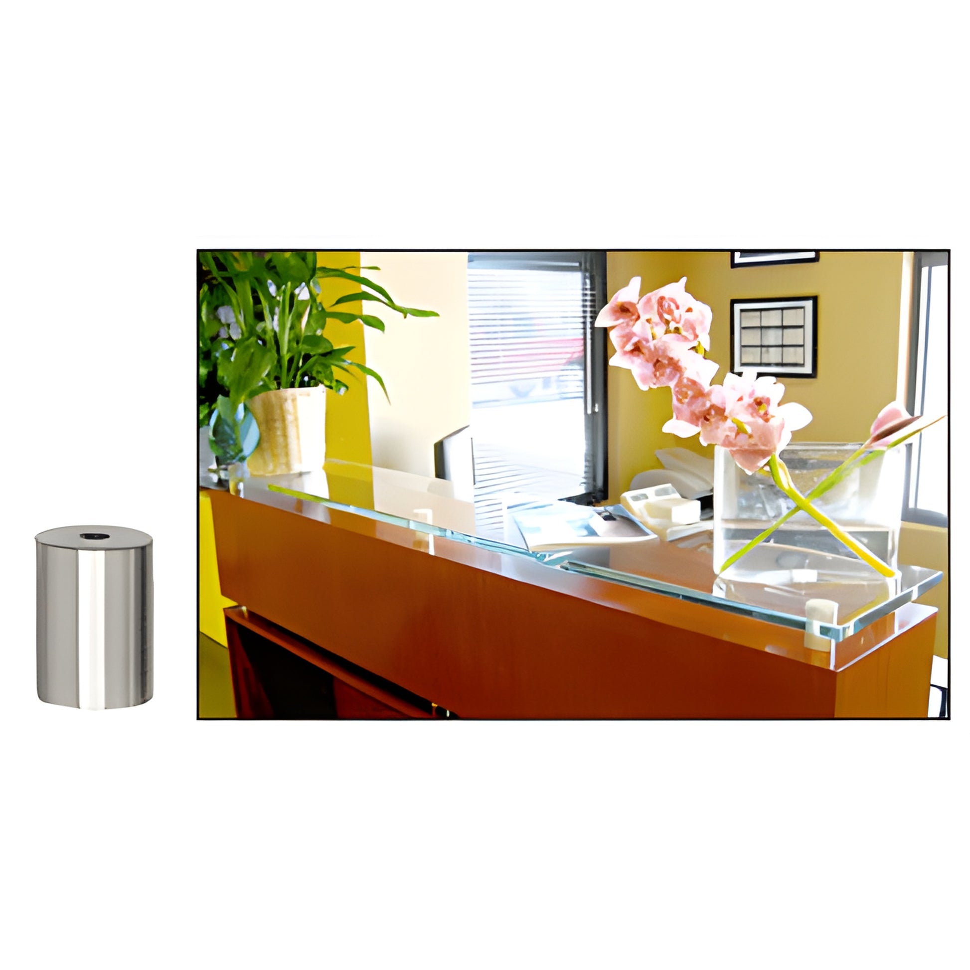 Polished stainless steel 3/4" standoff (SKU S0B3414PS) with glass shelf mounted on a reception counter