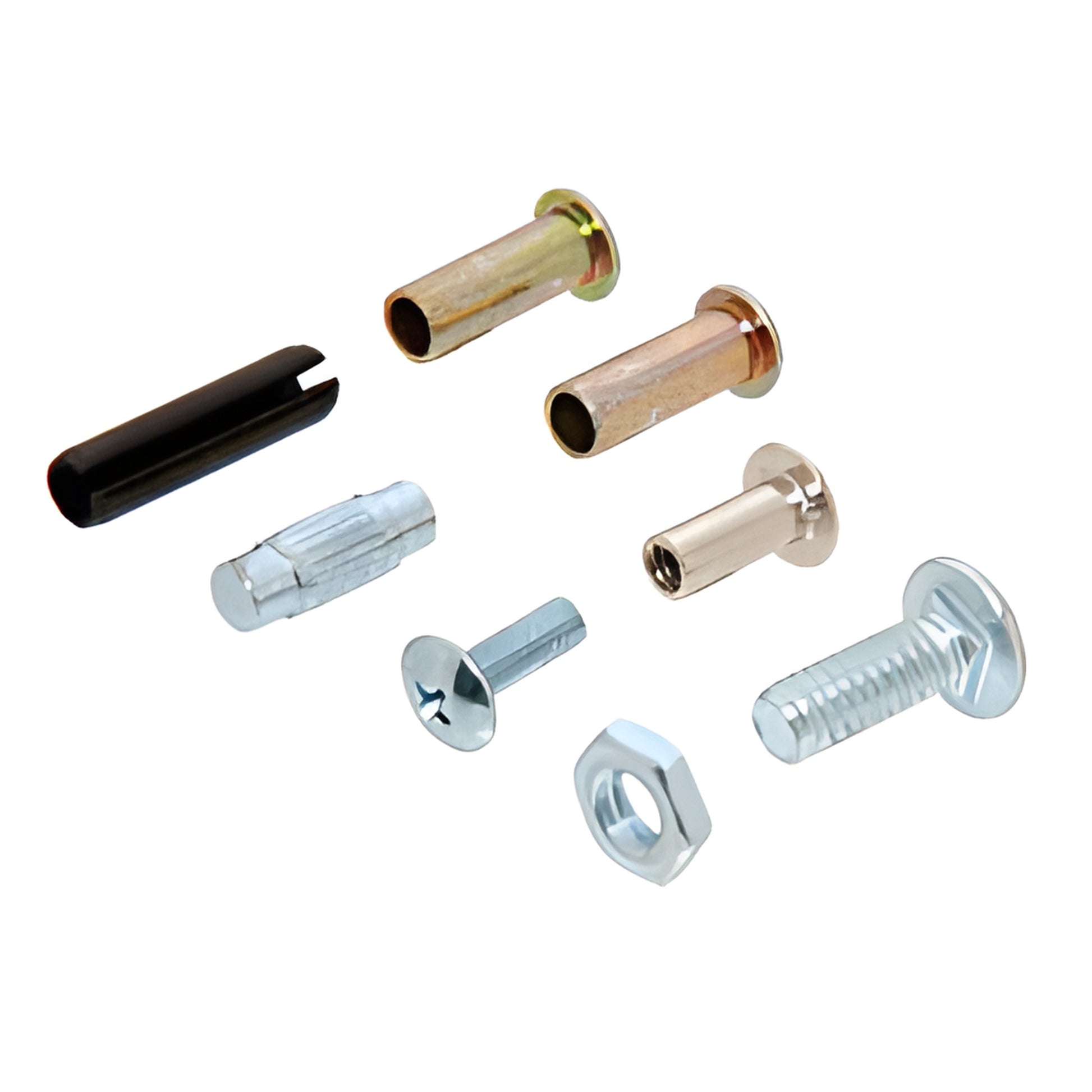 D1861 axle repair kit with assorted axles, rivets, carriage bolts, nut and pins for patio door roller repair.