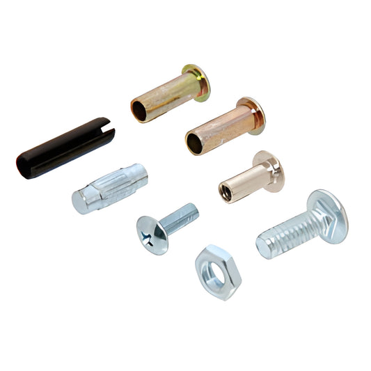 D1861 axle repair kit with assorted axles, rivets, carriage bolts, nut and pins for patio door roller repair.