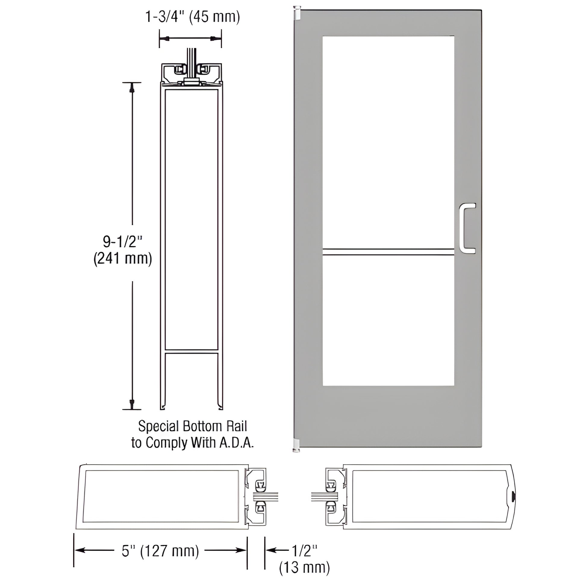 CD52211R136 - clear anodized commercial wide-stile entrance door with 5" stiles, 9-1/2" ADA bottom rail, for 1/4" glass