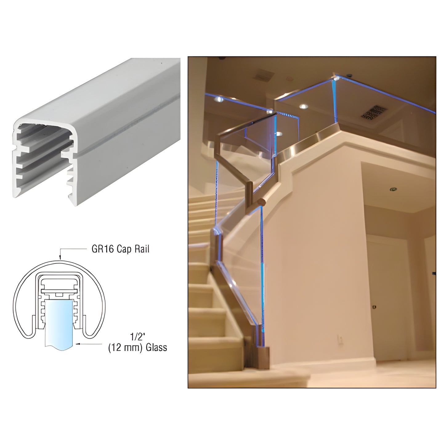 LEDCR6 white cap rail housing insert for 1/2" (12mm) glass, LED strip channel and concealed wire raceway