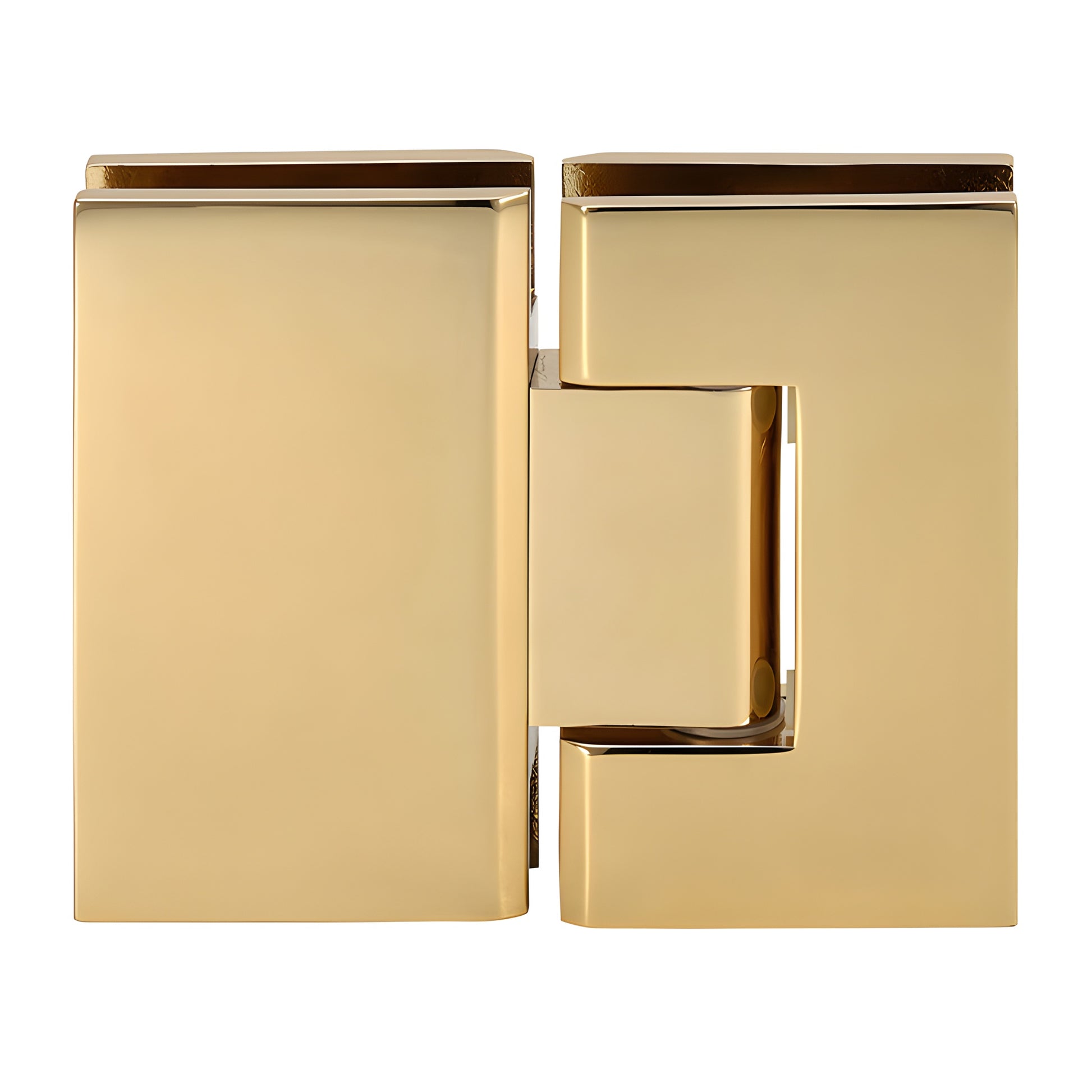 GEN380BR polished brass adjustable Geneva glass-to-glass shower hinge, square profile, self-centering, for 8-12mm glass.