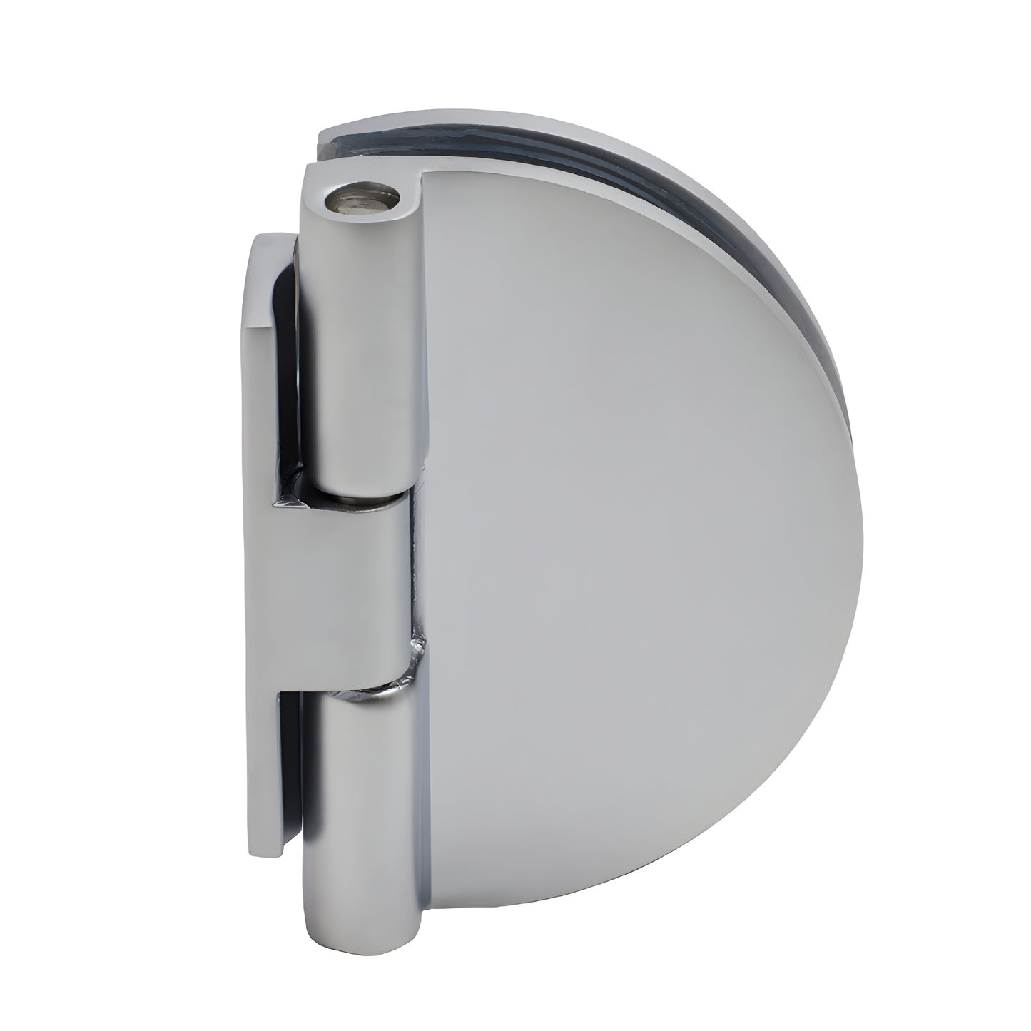 EH185 half-round satin chrome glass hinge for 1/4-5/16" (6-8mm) glass, wall-mount, 24" max door width.