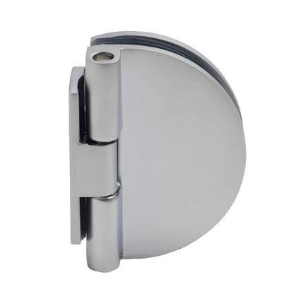 EH185 half-round satin chrome glass hinge for 1/4-5/16" (6-8mm) glass, wall-mount, 24" max door width.
