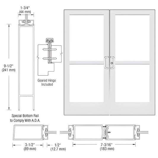 CZ42852 White Kynar commercial medium-stile double glass entrance door, 9-1/2" ADA bottom rail, geared hinge, 1/4" glass.