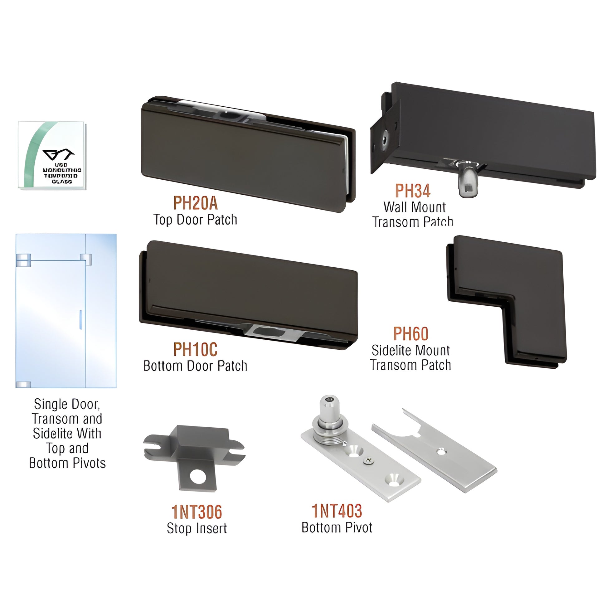 PHA4MBL matte-black pivot door kit: top/bottom/transom/sidelite patches, bottom pivot and stop for 3/8-1/2" tempered glass.