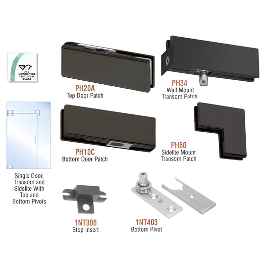 PHA4MBL matte-black pivot door kit: top/bottom/transom/sidelite patches, bottom pivot and stop for 3/8-1/2" tempered glass.