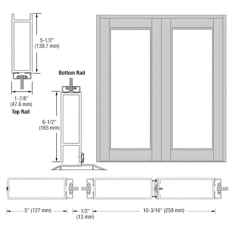 DB92011 Durafront WS clear anodized blank entrance door diagram - double-leaf with glass openings and labeled rail dimensions