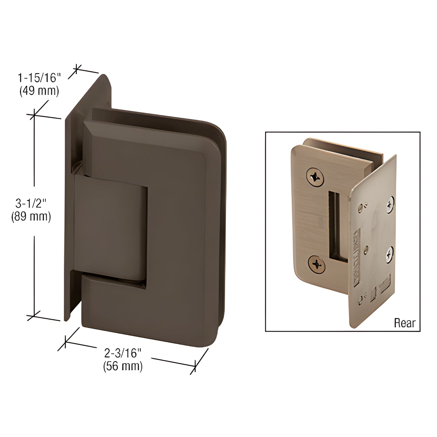 Pinnacle hinge P1N0440RB, oil-rubbed bronze brass shower door hinge, beveled edge, self-centering, fits 8-12mm glass.