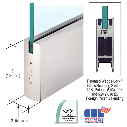 CRL Wedge-Lock door rail SKU DR6SBS12C - brushed stainless, 6in square rail for 1/2in tempered glass