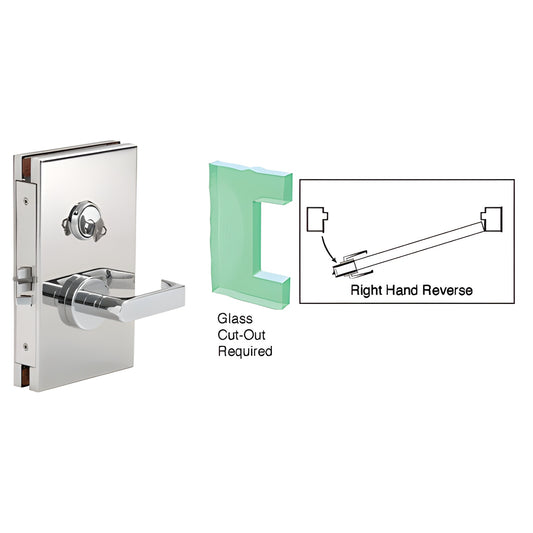Polished stainless steel CRL DL611RMPS 6x10 center lock with lever, for 1/2" tempered glass (glass cut-out shown)