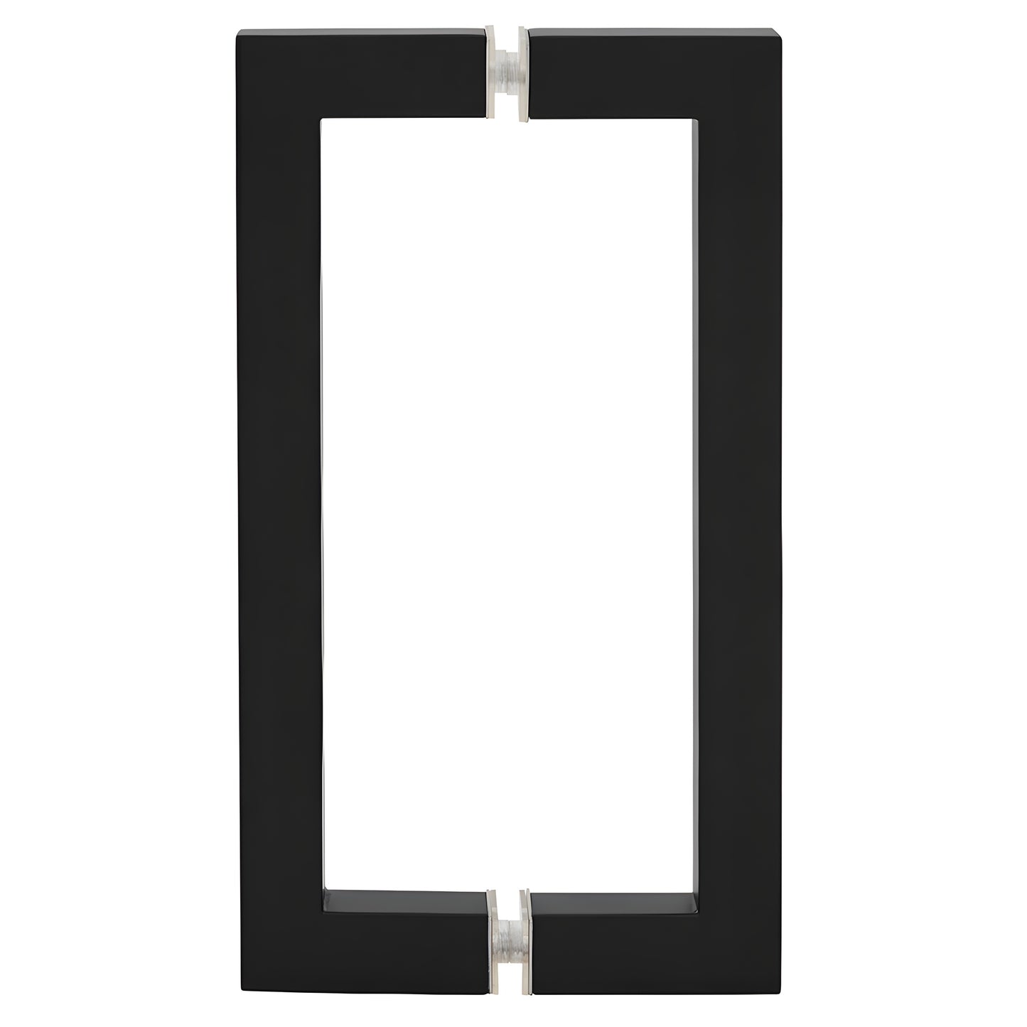 Matte black square-corner back-to-back glass door pull handle, 8 in center-to-center, tubular brass. SKU SQ8X8MBL