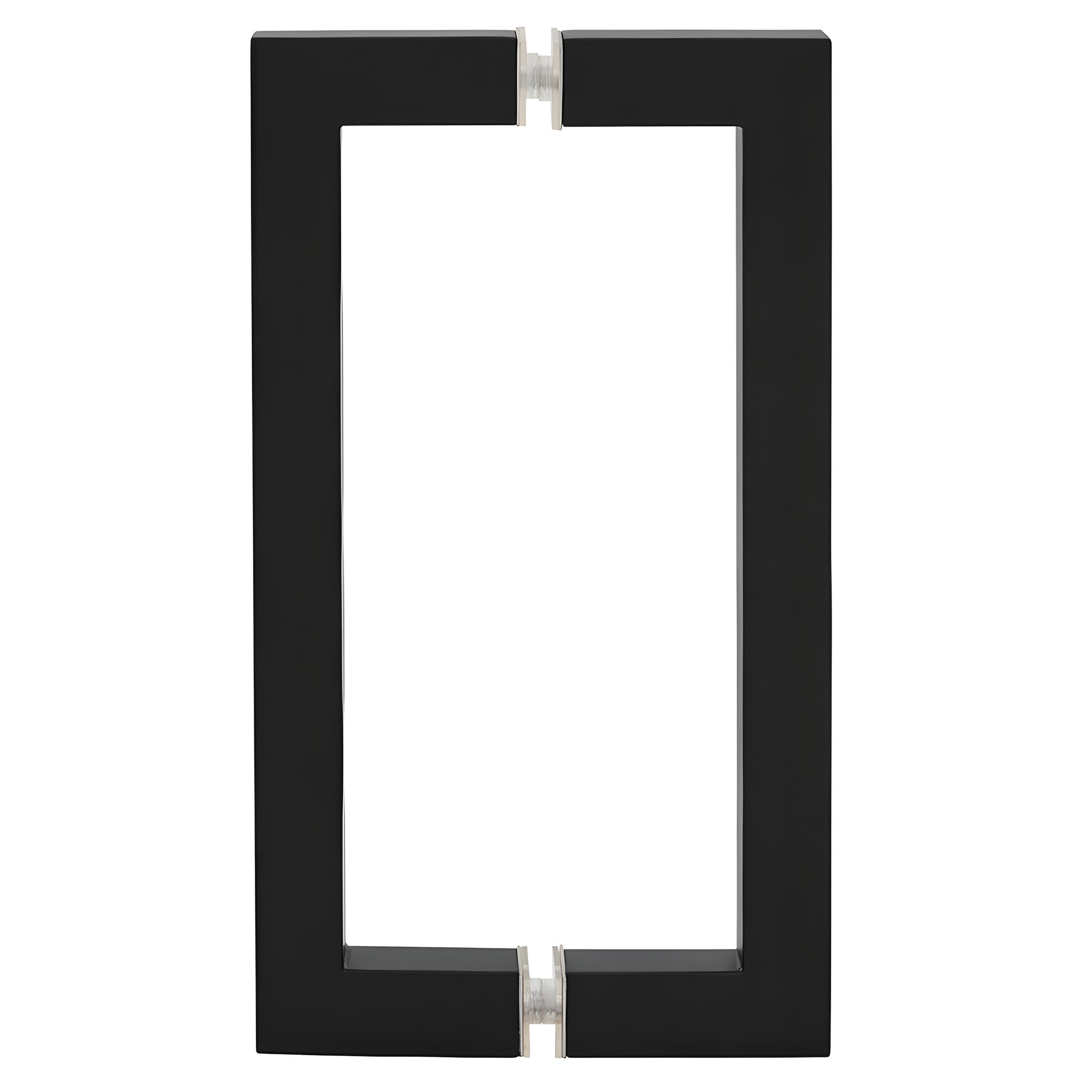 Matte black square-corner back-to-back glass door pull handle, 8 in center-to-center, tubular brass. SKU SQ8X8MBL