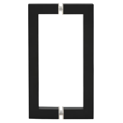 Matte black square-corner back-to-back glass door pull handle, 8 in center-to-center, tubular brass. SKU SQ8X8MBL
