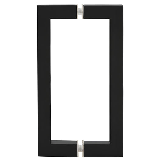 Matte black square-corner back-to-back glass door pull handle, 8 in center-to-center, tubular brass. SKU SQ8X8MBL