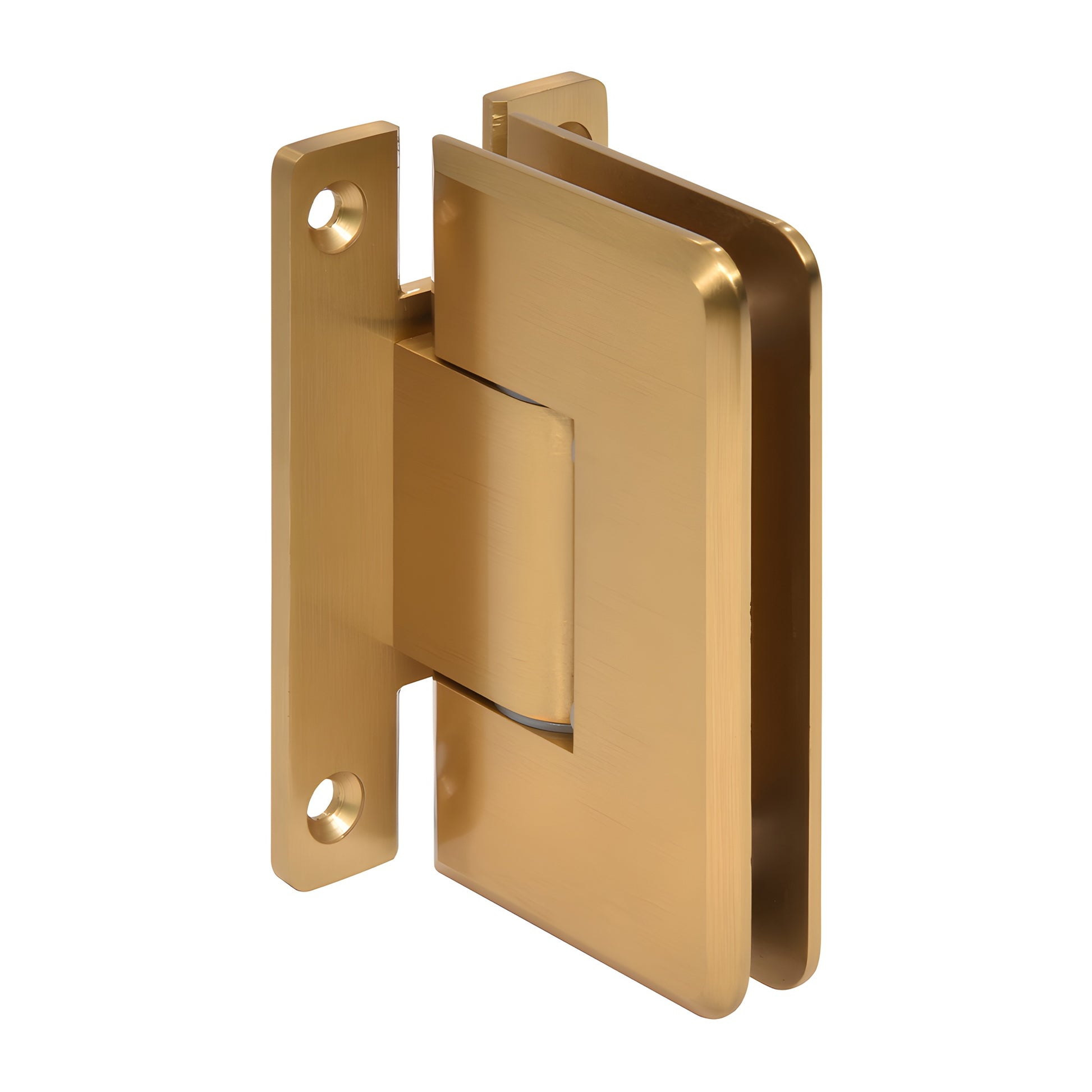 Modern gold brass adjustable shower door hinge (Cologne), wall-mount for 3/8-1/2 in tempered glass.
