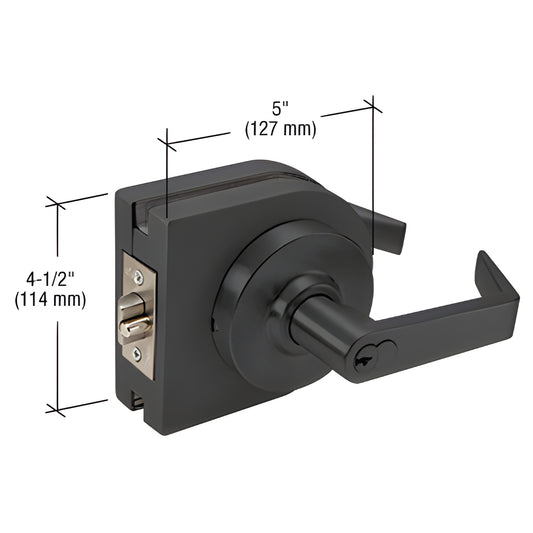 LH80MBL matte black lever lock glass housing, round cover, low-profile, fits 3/8" or 1/2" tempered glass, 5" x 41 2"