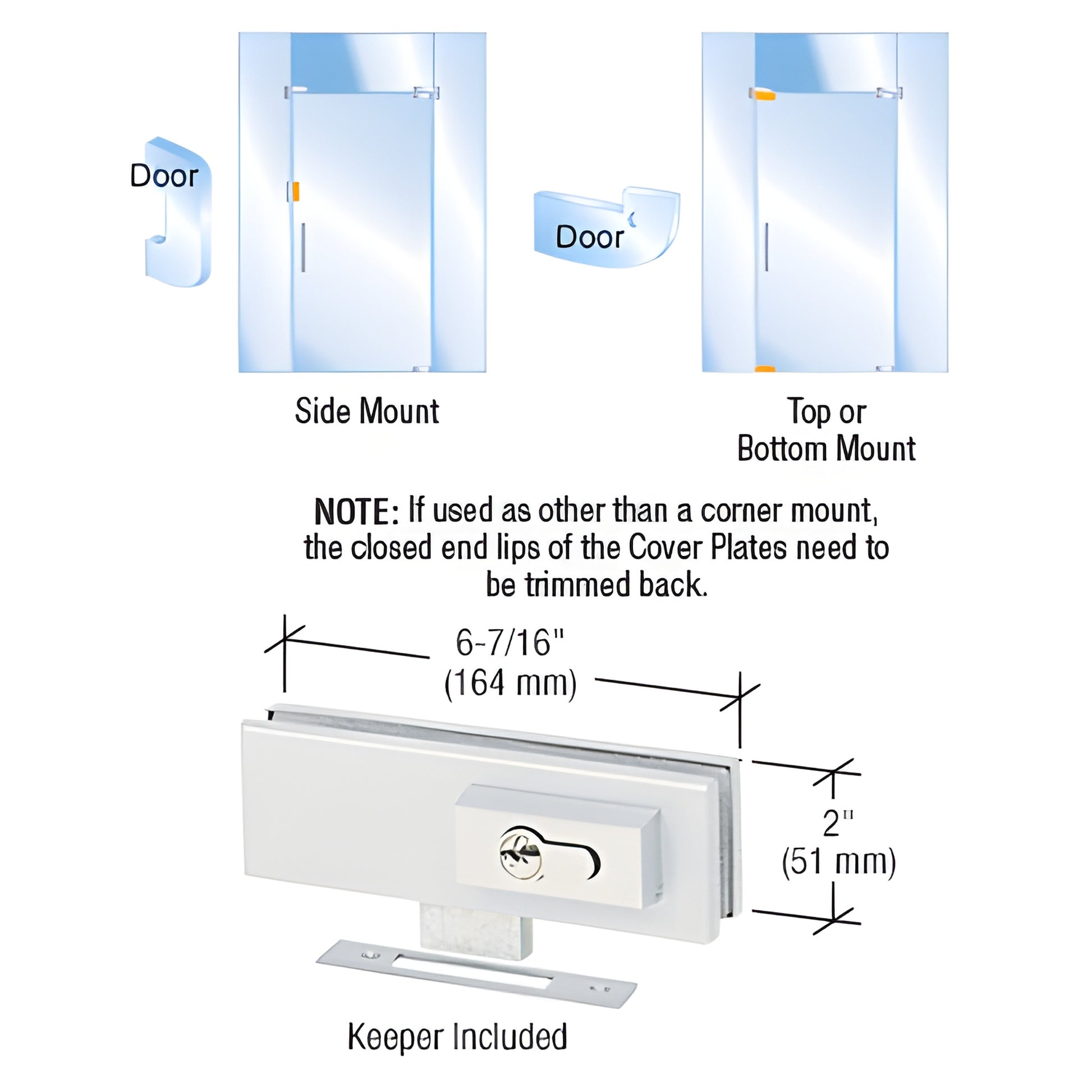 EUR205PS polished stainless steel patch lock for frameless tempered glass doors, 2" high; keeper included.