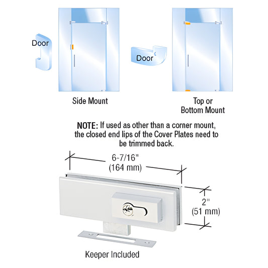 EUR205PS polished stainless steel patch lock for frameless tempered glass doors, 2" high; keeper included.