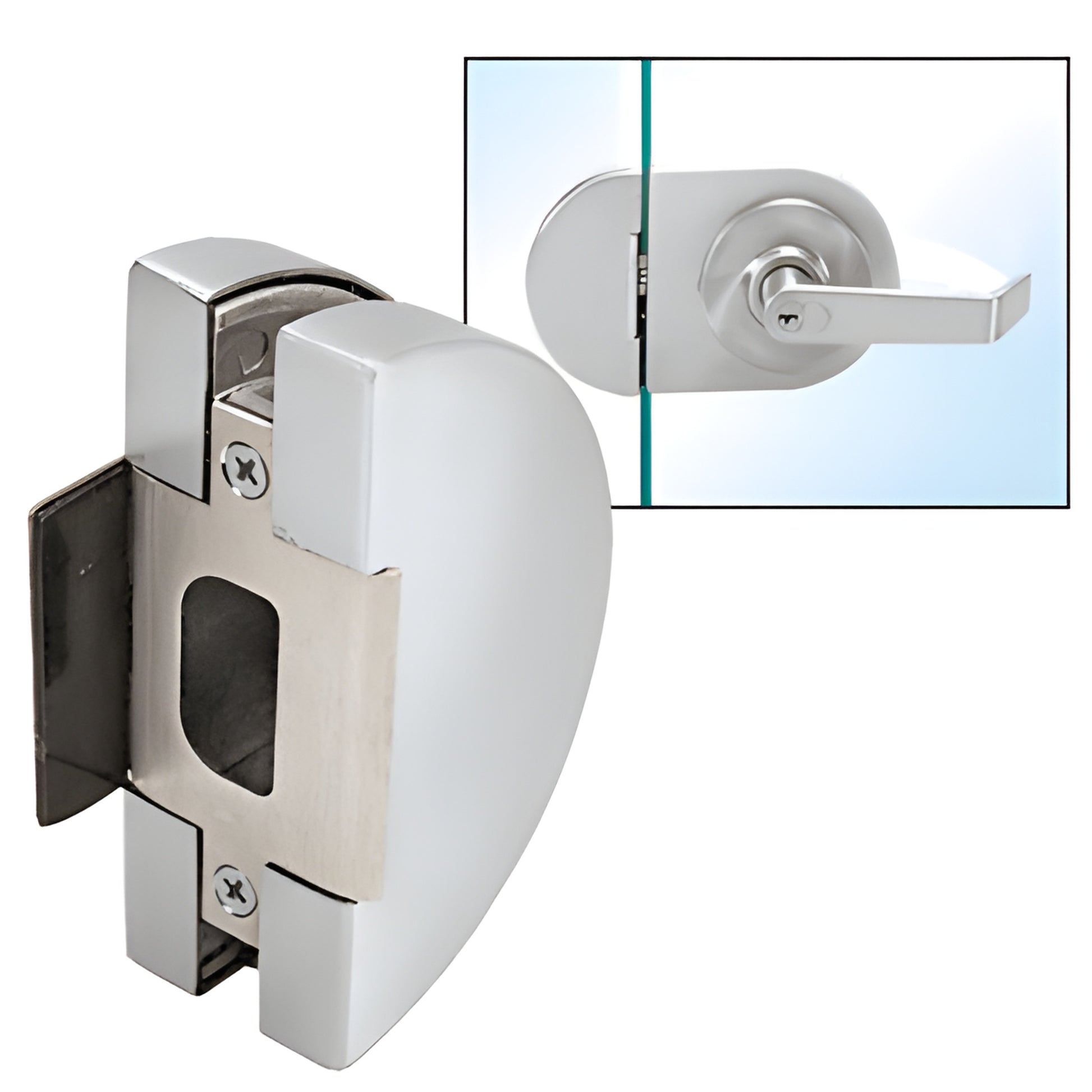 Satin anodized round glass keeper (SKU LHK1SA) for 1/2 tempered glass, lever lock housing, reversible metal mounting plate.