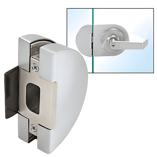 Satin anodized round glass keeper (SKU LHK1SA) for 1/2 tempered glass, lever lock housing, reversible metal mounting plate.