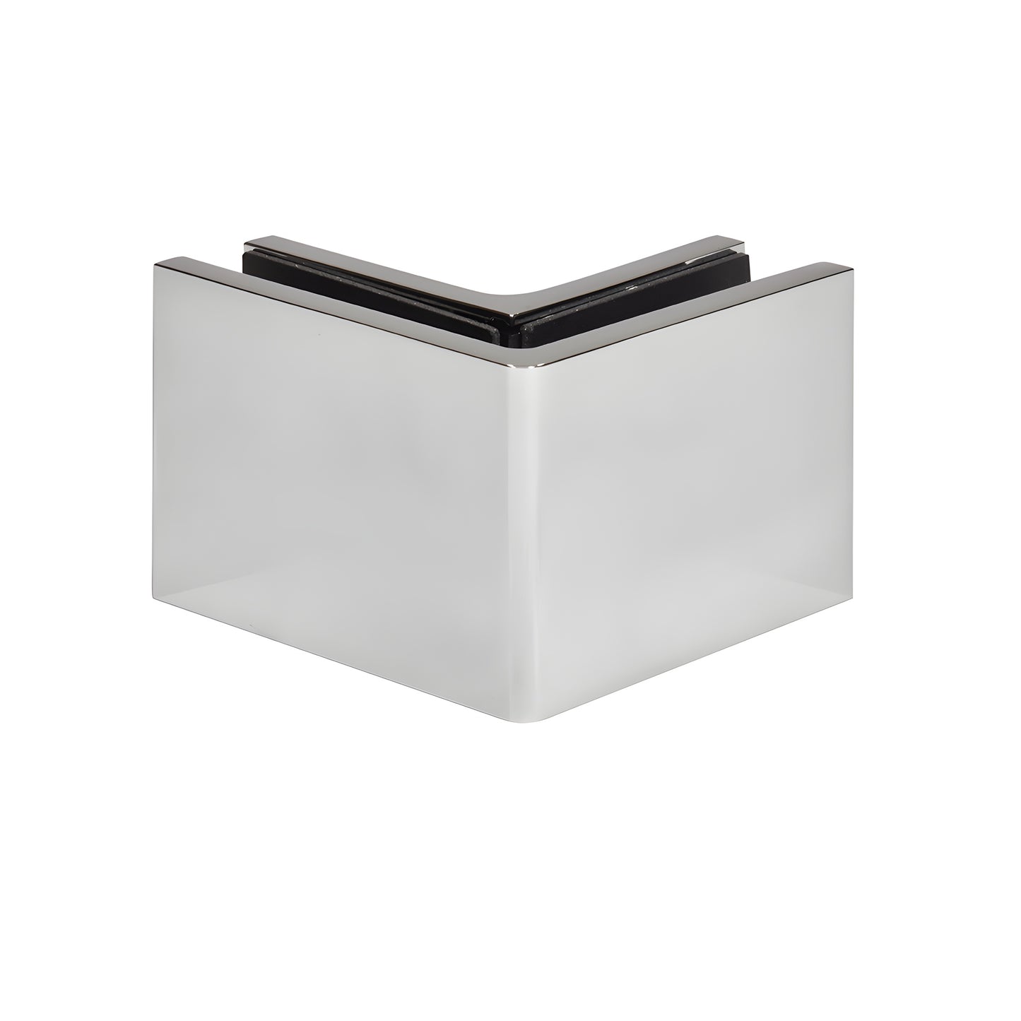 Polished chrome 90 glass clamp (SKU: CCS90CH) for 10-12mm frameless shower panels, hidden snap cover