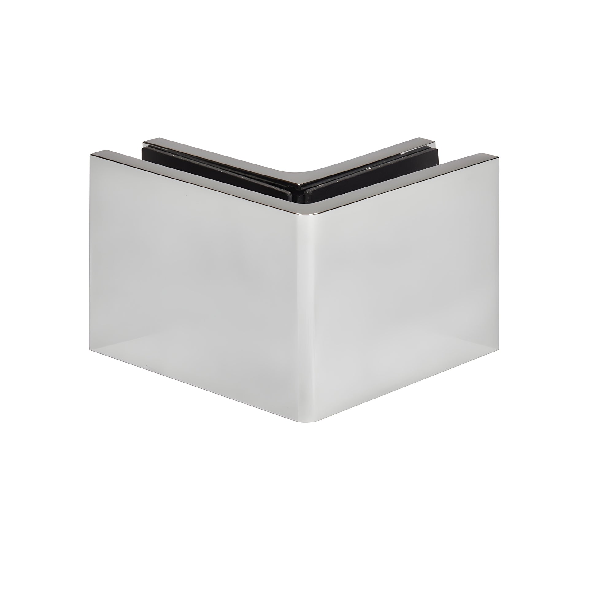 Polished chrome 90 glass clamp (SKU: CCS90CH) for 10-12mm frameless shower panels, hidden snap cover