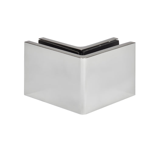 Polished chrome 90 glass clamp (SKU: CCS90CH) for 10-12mm frameless shower panels, hidden snap cover