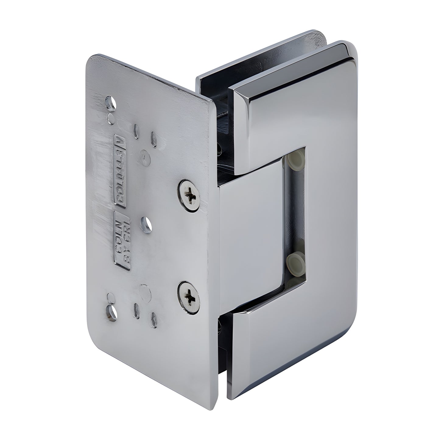 Polished chrome solid-brass Cologne shower hinge, beveled offset back plate, fits 3/8-1/2" glass, 5 preset (SKU C0L544CH)