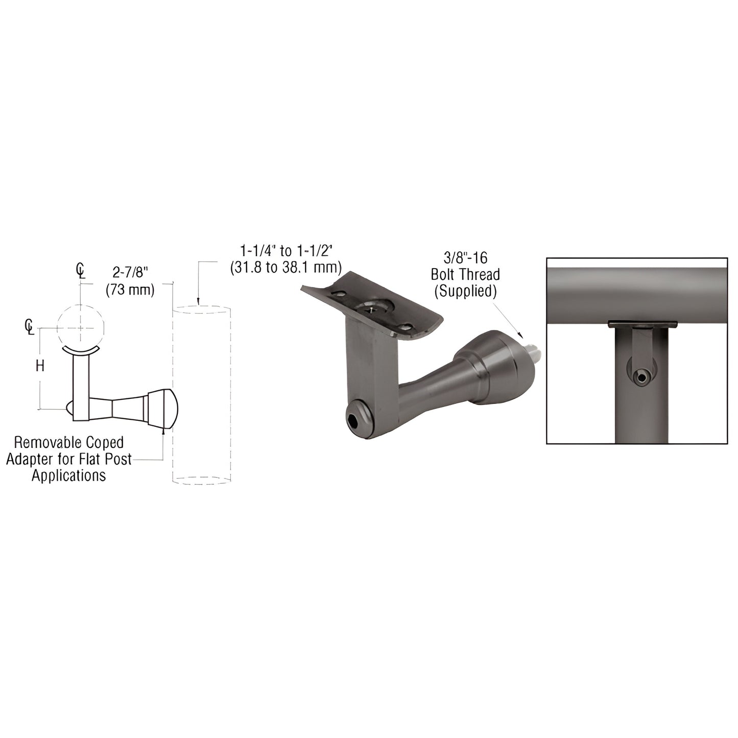 HR2SPDU post-mounted handrail bracket, black bronze aluminum, mounts to Schedule 40 posts, fits 1.5-2" handrail tubing.