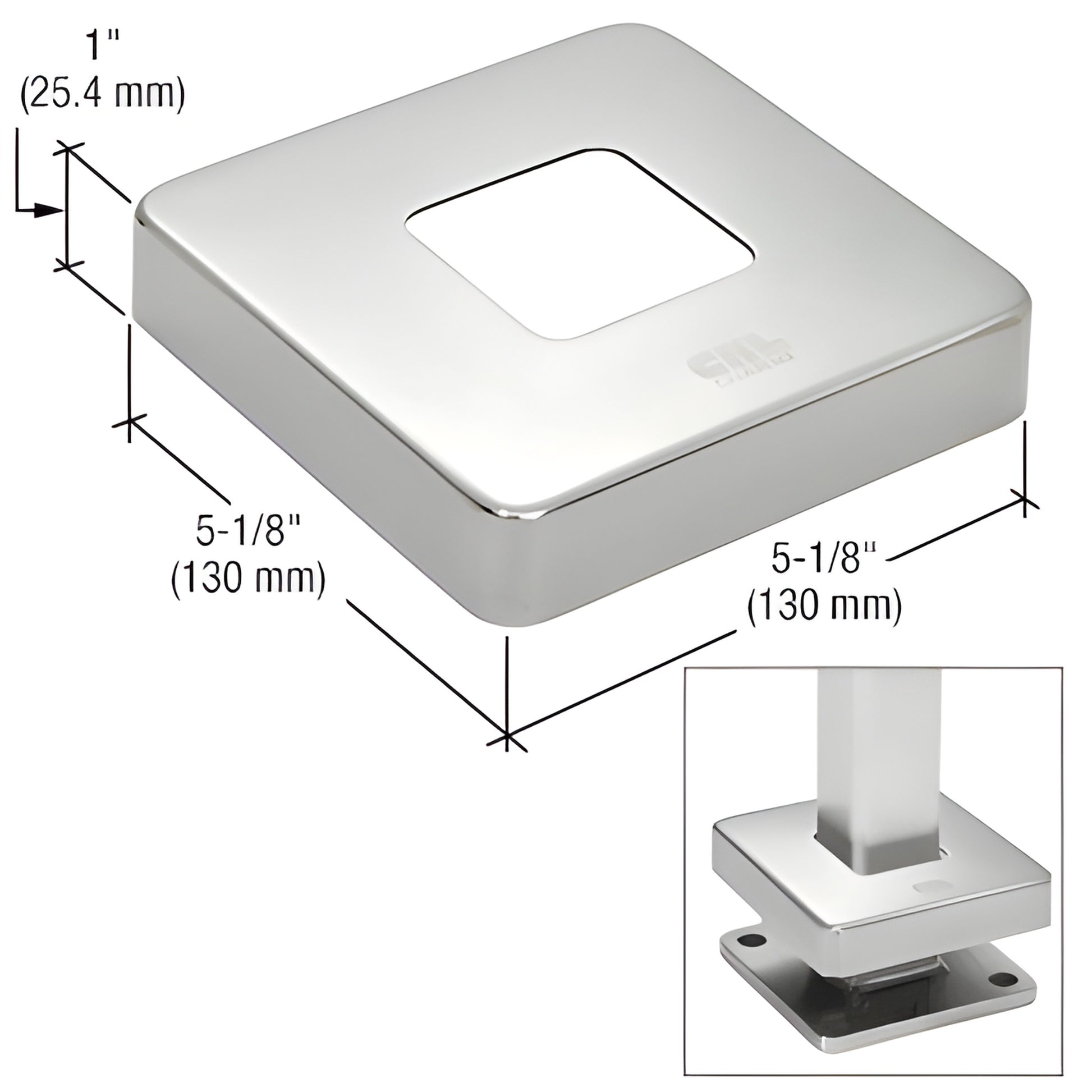 Polished stainless steel CRL base flange cover SKU CR16SPCPS for 5x5" base plates on 2" square rail, 1" high