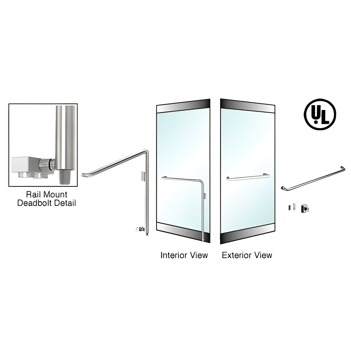 DB110A3R1BS brushed stainless steel 1-1/4" rail-mount deadbolt handle for 1/2" glass doors, interior and exterior views.