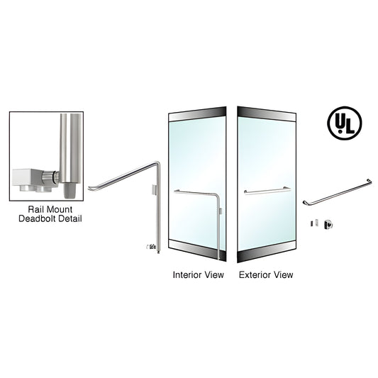 DB110A3R1BS brushed stainless steel 1-1/4" rail-mount deadbolt handle for 1/2" glass doors, interior and exterior views.
