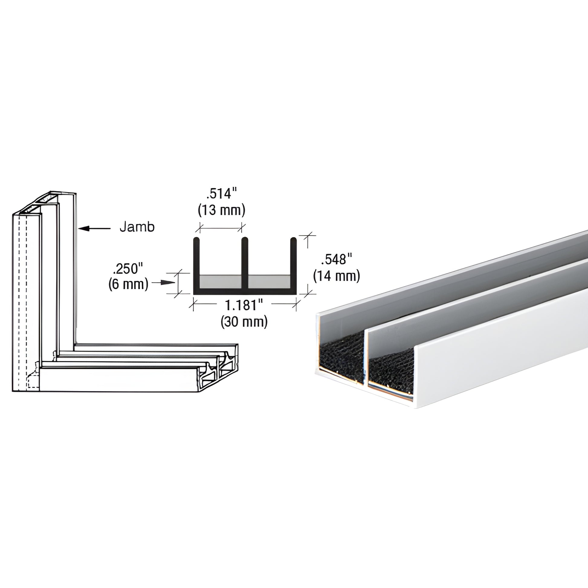 D607A satin anodized aluminum double jamb with sponge rubber lining for sliding glass panels, 144" length
