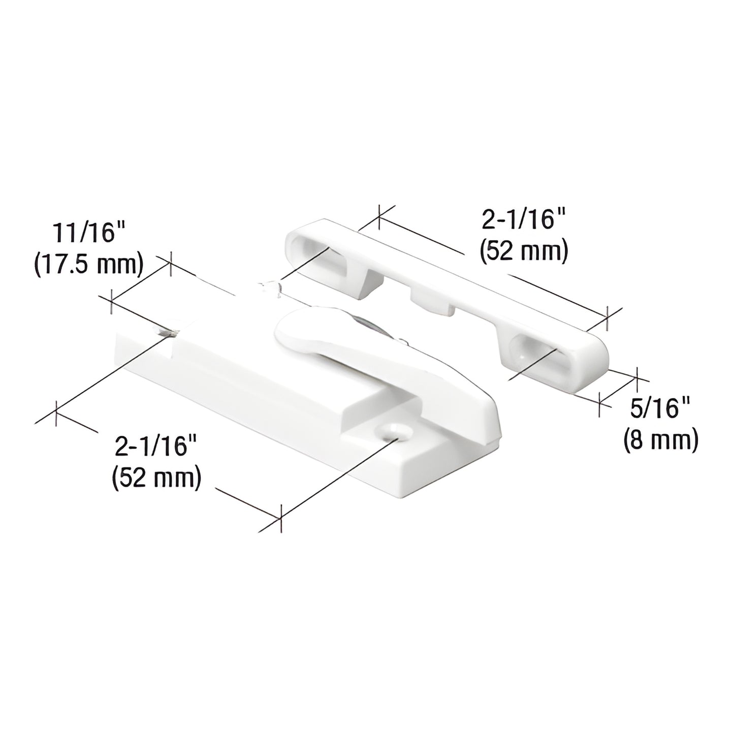 White die-cast sash window lock and keeper (SKU F2625), 2-1/16" base, 11/16" backset, includes screws.