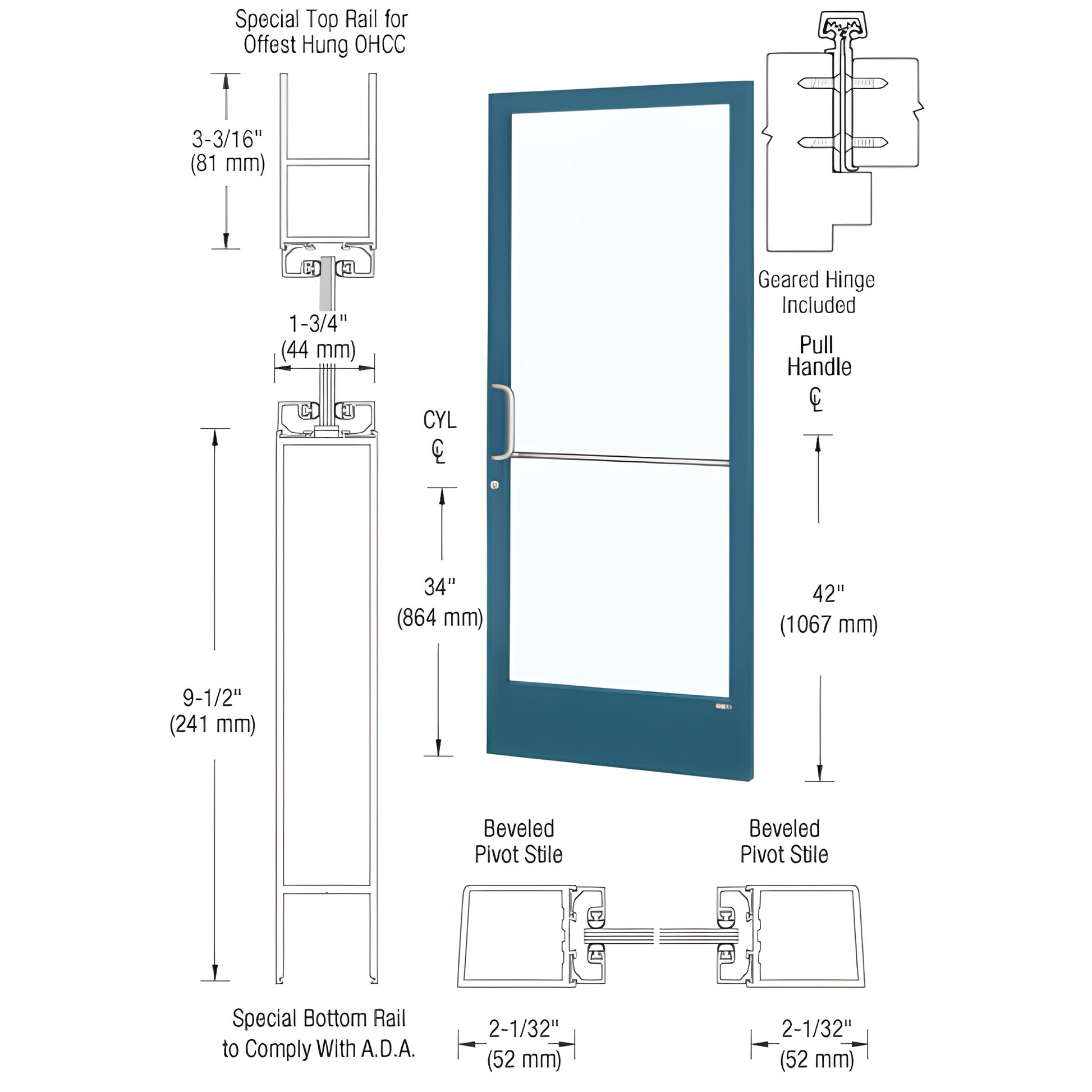 CRL Custom Narrow Stile Entrance Door CD21971 - teal narrow aluminum frame with large glass, push/pull handle, 9-1/2" ADA bot